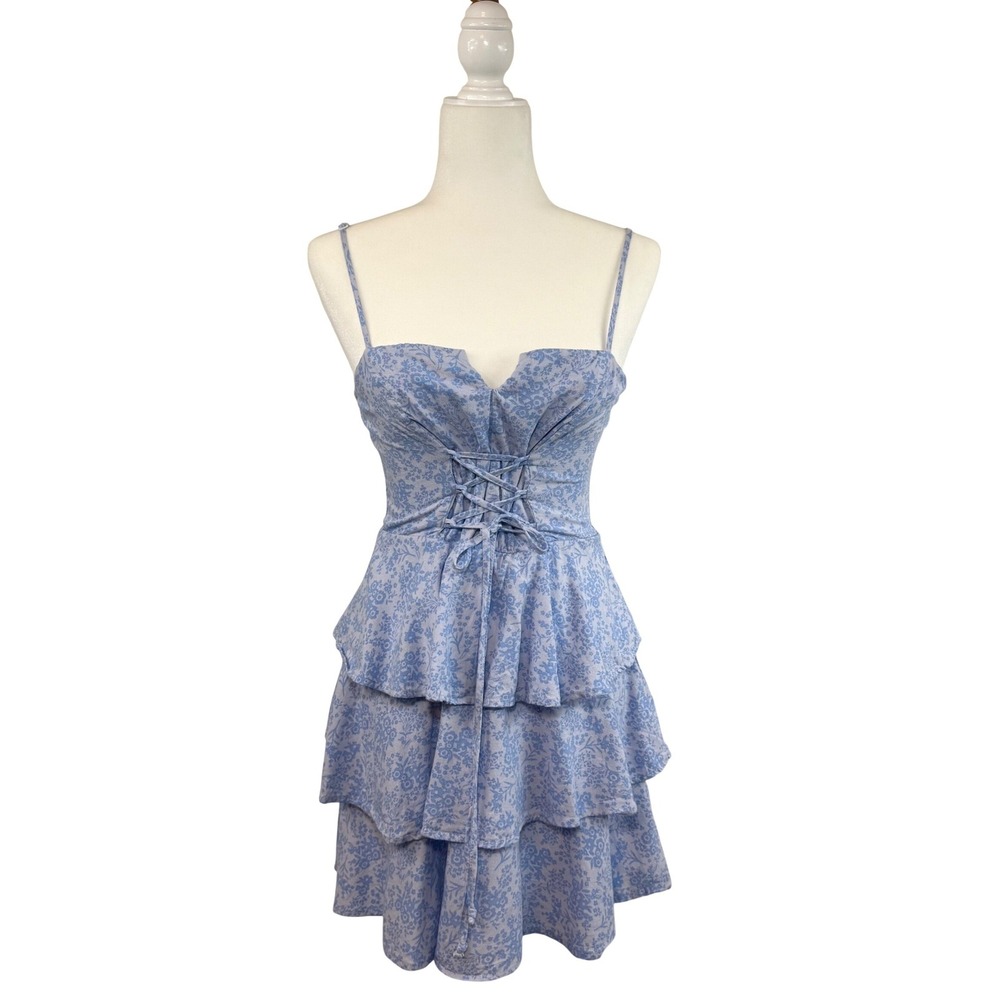 Altar'd State Floral Corset Mini Dress Blue Tiered Cottagecore Coquette Garden M